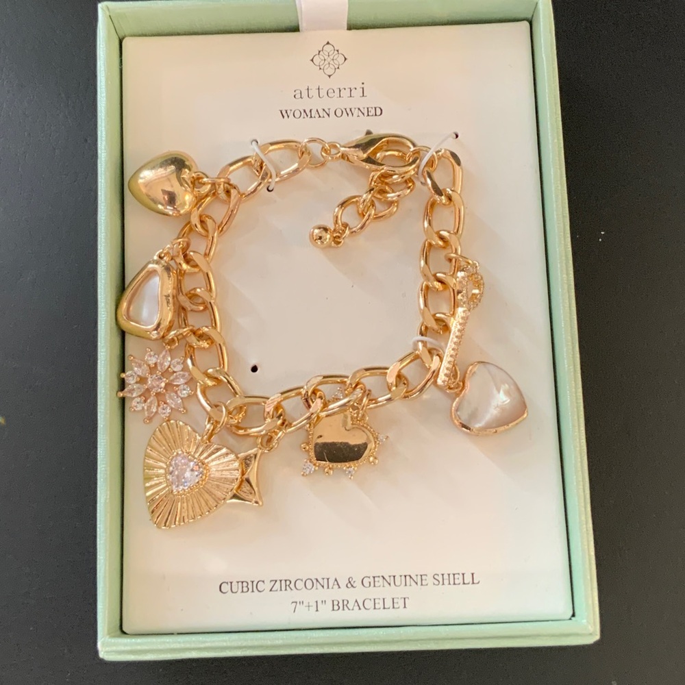 Gold Heart Charm Bracelet with Cubic Zirconia & Shell